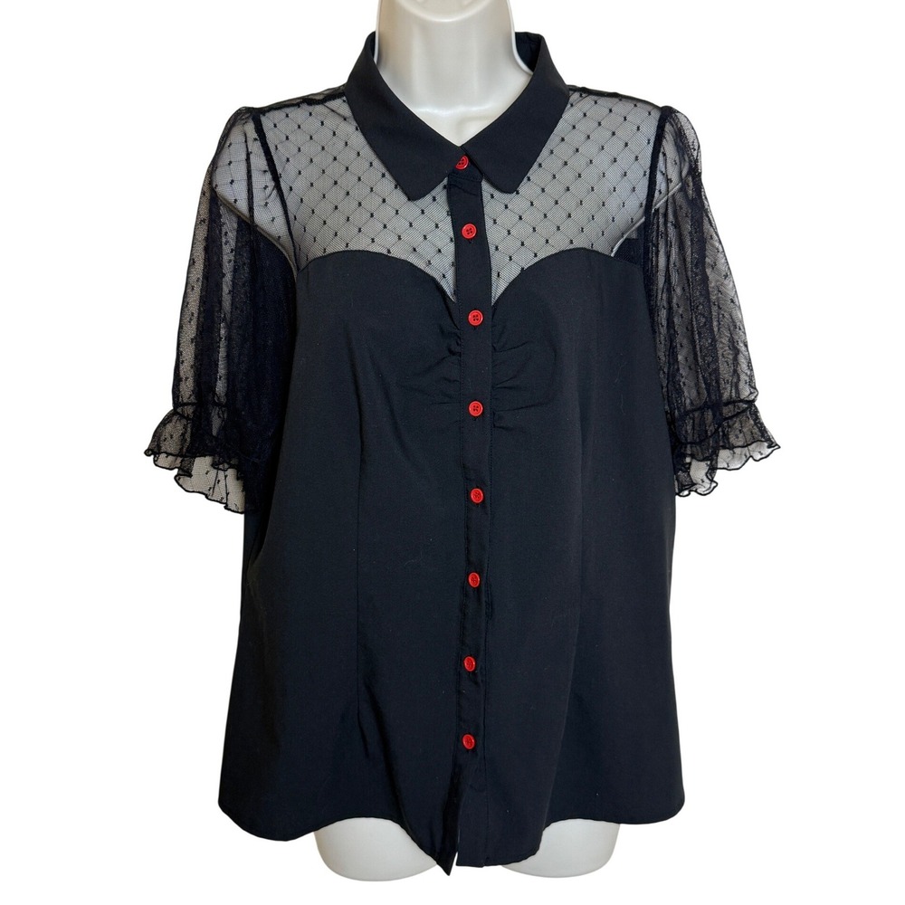 Allegra K Blouse Womens Size L Black Sheer Mesh Polka Dot Red Button Retro Top